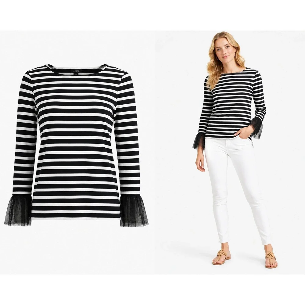J.Crew Top XXS Striped Tulle Cuff Long Sleeve Boat Neck Preppy Nautical Parisian